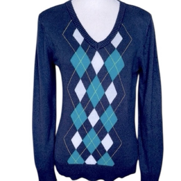 Merona Sweaters - Navy Preppy Argyle Sweater Cotton Wool Angora Blend Ribbed Trim Academia Chic
